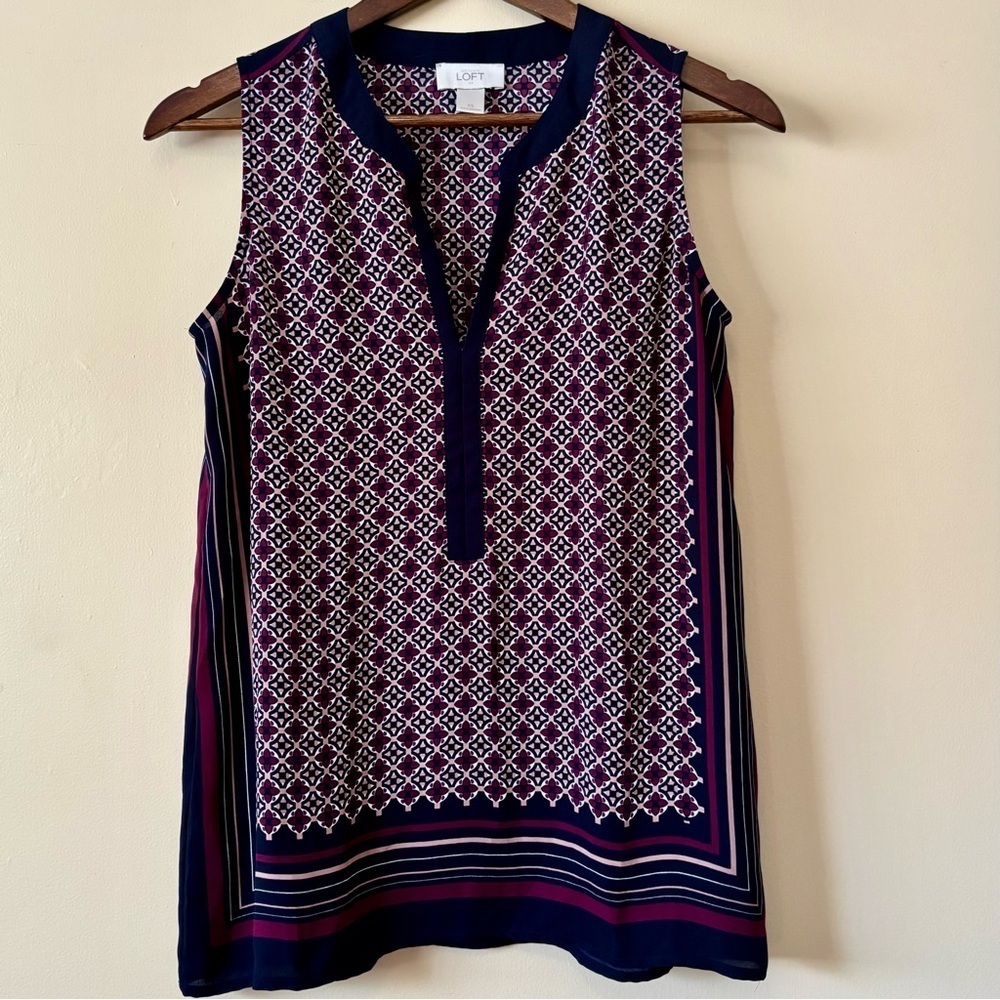 LOFT|Blue Purple White Sleeveless Tunic Side Slit Blouse w/Mandarin Collar Sz XS
